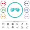 Aviator sunglasses with glosses flat color icons in circle shape outlines - Aviator sunglasses with glosses flat color icons in circle shape outlines. 12 bonus icons included.