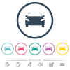 Sport car front view flat color icons in round outlines. 6 bonus icons included. - Sport car front view flat color icons in round outlines
