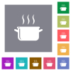 Steaming glossy pot flat icons on simple color square backgrounds - Steaming glossy pot square flat icons