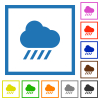 Downpour weather flat color icons in square frames on white background - Downpour weather flat framed icons