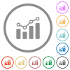 Bar graph with circles and lines flat icons with outlines - Bar graph with circles and lines flat color icons in round outlines on white background