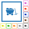 Loaded mine cart and pickaxe flat color icons in square frames on white background - Loaded mine cart and pickaxe flat framed icons