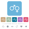 Male and felmale gender symbols white flat icons on color rounded square backgrounds. 6 bonus icons included - Male and felmale gender symbols flat icons on color rounded square backgrounds