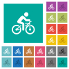 Bicycle with rider multi colored flat icons on plain square backgrounds. Included white and darker icon variations for hover or active effects. - Bicycle with rider square flat multi colored icons