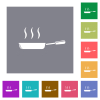 Glossy steaming frying pan side view square flat icons - Glossy steaming frying pan side view flat icons on simple color square backgrounds