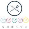 Barbecue fork and spatula in crossed position flat color icons in round outlines - Barbecue fork and spatula in crossed position flat color icons in round outlines. 6 bonus icons included.