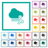 Windy weather flat color icons with quadrant frames on white background - Windy weather flat color icons with quadrant frames