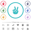 Victory sign hand gesture flat color icons in circle shape outlines. 12 bonus icons included. - Victory sign hand gesture flat color icons in circle shape outlines