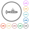 Submarine flat color icons in round outlines on white background - Submarine flat icons with outlines