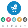 Checkout with Dollar cart flat white icons on round color backgrounds. 6 bonus icons included. - Checkout with Dollar cart flat round icons