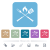 Barbecue fork and spatula with flame flat icons on color rounded square backgrounds - Barbecue fork and spatula with flame white flat icons on color rounded square backgrounds. 6 bonus icons included