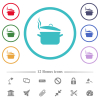 Steaming pot with lid flat color icons in circle shape outlines. 12 bonus icons included. - Steaming pot with lid flat color icons in circle shape outlines