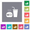 Fast food menu with cheeseburger and drink flat icons on simple color square backgrounds - Fast food menu with cheeseburger and drink square flat icons