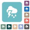 Stormy weather white flat icons on color rounded square backgrounds - Stormy weather rounded square flat icons