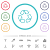 Recycling outline flat color icons in circle shape outlines. 12 bonus icons included. - Recycling outline flat color icons in circle shape outlines