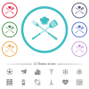 Barbecue fork and spatula with chef hat flat color icons in circle shape outlines. 12 bonus icons included. - Barbecue fork and spatula with chef hat flat color icons in circle shape outlines
