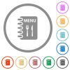 Menu with fork and knife flat icons with outlines - Menu with fork and knife flat color icons in round outlines on white background