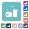 Fast food menu with cheeseburger and drink white flat icons on color rounded square backgrounds - Fast food menu with cheeseburger and drink rounded square flat icons