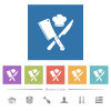 Crossed meat cleaver and knife with chef hat flat white icons in square backgrounds - Crossed meat cleaver and knife with chef hat flat white icons in square backgrounds. 6 bonus icons included.