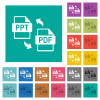 PPT PDF file conversion multi colored flat icons on plain square backgrounds. Included white and darker icon variations for hover or active effects. - PPT PDF file conversion square flat multi colored icons