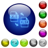 XLS XLSX file conversion icons on round glass buttons in multiple colors. Arranged layer structure - XLS XLSX file conversion color glass buttons