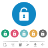 Unlocked padlock with keyhole flat round icons - Unlocked padlock with keyhole flat white icons on round color backgrounds. 6 bonus icons included.