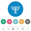 Menorah flat white icons on round color backgrounds. 6 bonus icons included. - Menorah flat round icons