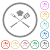 Barbecue fork and spatula with chef hat flat icons with outlines - Barbecue fork and spatula with chef hat flat color icons in round outlines on white background