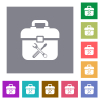 Toolbox with wrench and screwdriver flat icons on simple color square backgrounds - Toolbox with wrench and screwdriver square flat icons