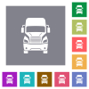 Truck front view square flat icons - Truck front view flat icons on simple color square backgrounds