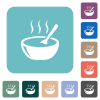 Glossy steaming bowl of soup with spoon white flat icons on color rounded square backgrounds - Glossy steaming bowl of soup with spoon rounded square flat icons