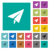 Paper plane multi colored flat icons on plain square backgrounds. Included white and darker icon variations for hover or active effects. - Paper plane square flat multi colored icons