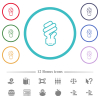 Energy saving fluorescent light bulb outline flat color icons in circle shape outlines. 12 bonus icons included. - Energy saving fluorescent light bulb outline flat color icons in circle shape outlines