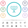 Tennis rackets with ball flat color icons in circle shape outlines. 12 bonus icons included. - Tennis rackets with ball flat color icons in circle shape outlines