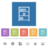 Bookshelf with books outline flat white icons in square backgrounds. 6 bonus icons included. - Bookshelf with books outline flat white icons in square backgrounds
