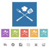 Barbecue fork and spatula with chef hat flat white icons in square backgrounds - Barbecue fork and spatula with chef hat flat white icons in square backgrounds. 6 bonus icons included.