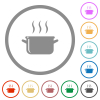 Steaming glossy pot flat color icons in round outlines on white background - Steaming glossy pot flat icons with outlines