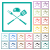Barbecue fork and spatula with steak flat color icons with quadrant frames - Barbecue fork and spatula with steak flat color icons with quadrant frames on white background
