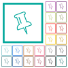 Push pin outline flat color icons with quadrant frames - Push pin outline flat color icons with quadrant frames on white background
