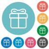 Gift box outline flat white icons on round color backgrounds - Gift box outline flat round icons