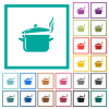 Steaming glossy pot with lid flat color icons with quadrant frames on white background - Steaming glossy pot with lid flat color icons with quadrant frames