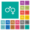 Male and felmale gender symbols multi colored flat icons on plain square backgrounds. Included white and darker icon variations for hover or active effects. - Male and felmale gender symbols square flat multi colored icons