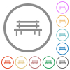 Park bench flat icons with outlines - Park bench flat color icons in round outlines on white background