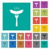 Grilled sausage on fork solid square flat multi colored icons - Grilled sausage on fork solid multi colored flat icons on plain square backgrounds. Included white and darker icon variations for hover or active effects.