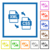 XML CSS file conversion flat framed icons - XML CSS file conversion flat color icons in square frames on white background