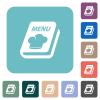 Menu with chef hat rounded square flat icons - Menu with chef hat white flat icons on color rounded square backgrounds