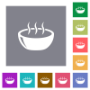 Glossy steaming bowl square flat icons - Glossy steaming bowl flat icons on simple color square backgrounds