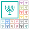 Menorah with burning candles solid flat color icons with quadrant frames on white background - Menorah with burning candles solid flat color icons with quadrant frames