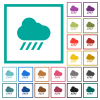Downpour weather flat color icons with quadrant frames on white background - Downpour weather flat color icons with quadrant frames