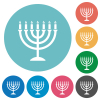 Menorah with burning candles solid flat white icons on round color backgrounds - Menorah with burning candles solid flat round icons
